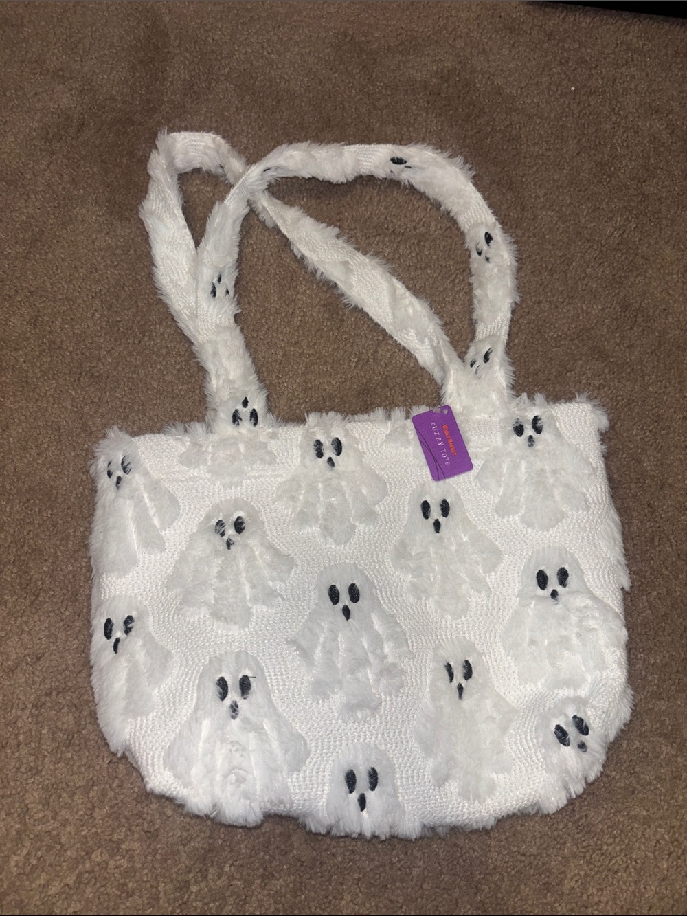 NWT Viral World Market White Ghost Pattern Faux Fur Tote Bag